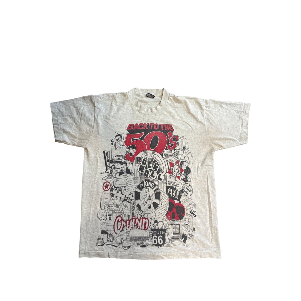Vintage 90s Back to the 50s T Shirt L Fruit of the Loom USA Single Stitch Gray